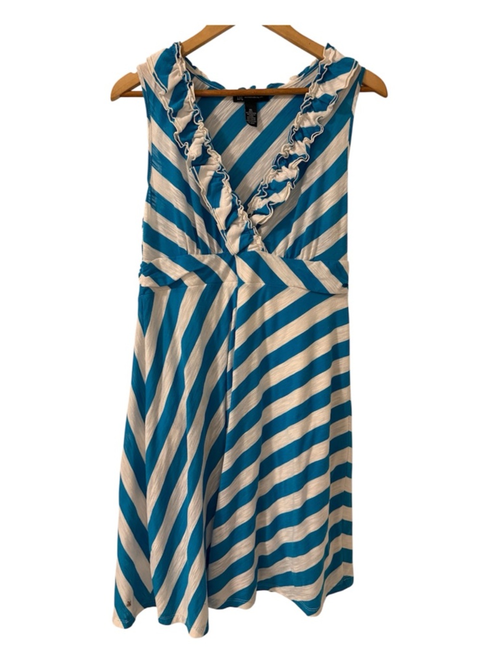 INC International Concepts Teal and White Striped Ruffle V-Neck Midi Dress